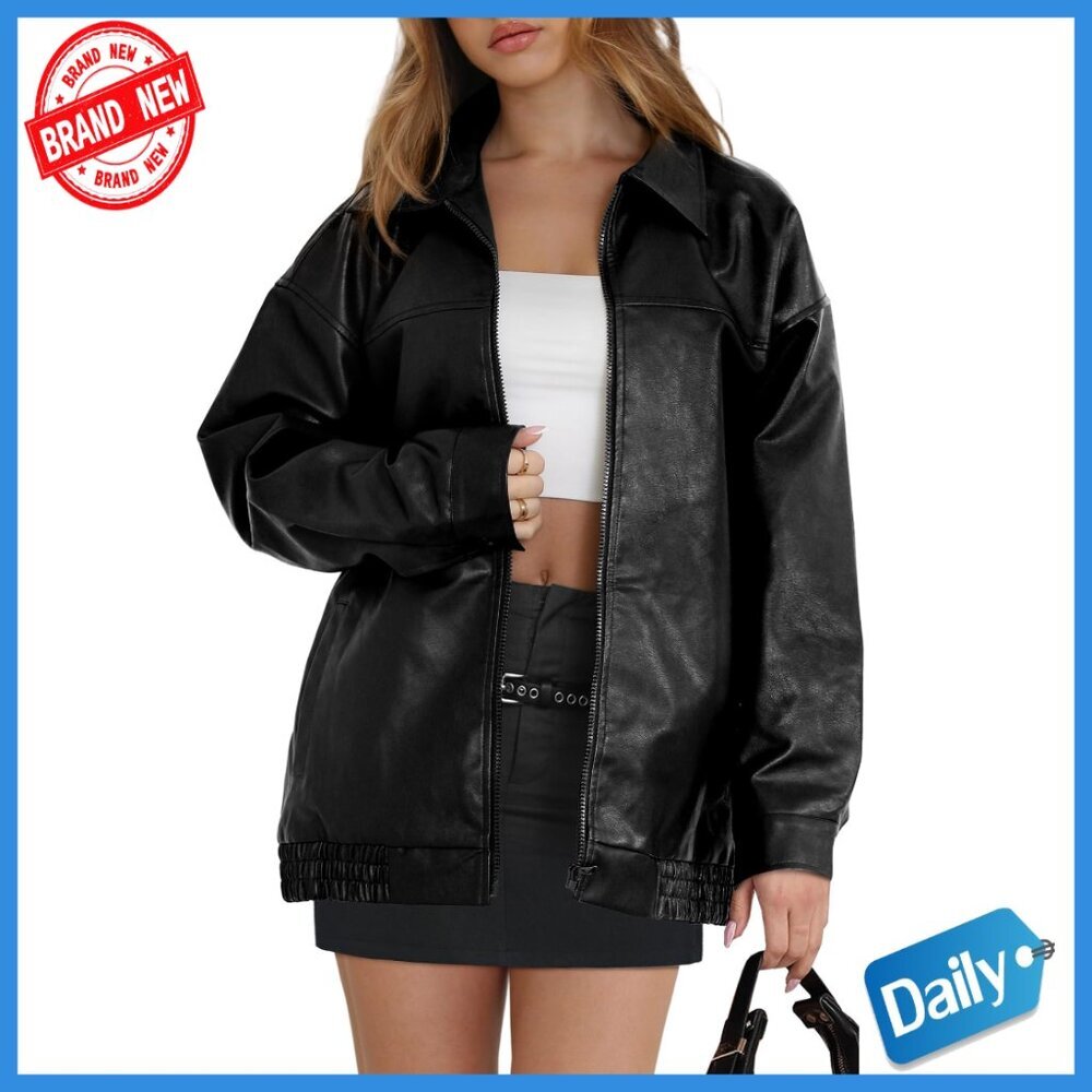Oversized Faux Leather Moto Jacket, Long Sleeve, Relaxed Fit, Dry Clean Only